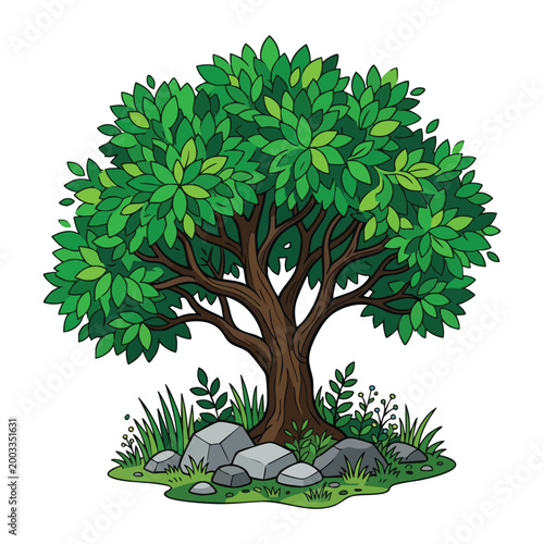 Cartoon Tree with Green Leaves and Bushes