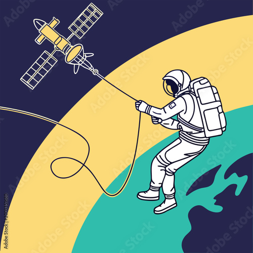 Fényképezés Astronaut tethered to satellite, working in space above planet Earth