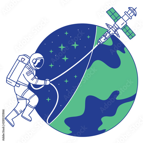 Fényképezés Astronaut tethered to satellite orbiting planet Earth with stars