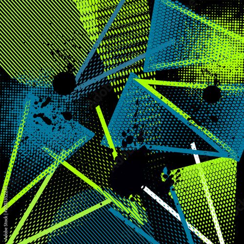 Abstract seamless geometric pattern. Grunge urban repeated backdrop for boys, textile, wrapping paper. Lines elements, triangles, arrows in bright blue, green, black colors. Vektor modern