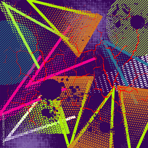 Abstract seamless geometric pattern with urban elements, scuffed, drops, sprays, triangles, neon spray paint. Grunge texture background. Wallpaper for boys, girls. eps 10