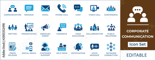 Corporate communication icon set featuring public relations, business meeting, team collaboration, press release, social media, help desk, video call, and feedback symbols.