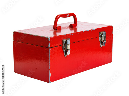 Cuadro en lienzo Isolated classic red metal toolbox for handyman, repair, and DIY projects
