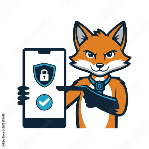 Online Privacy Concept Cartoon Fox Guarding Smartphone with Shield