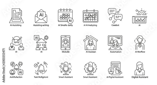 Set of artificial intelligence and digital assistant outline icons for modern business automation and technology