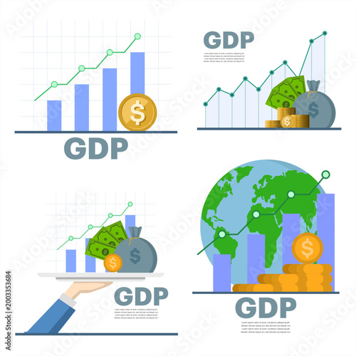 Arrow icon illustration set with GDP acronym for Gross Domestic Product. Business and finance concept with economic growth, analytics, market trends, and performance indicators.