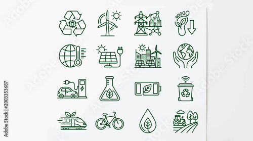 Collection of minimal line icons for ecological sustainability, green energy, and environmental conservation