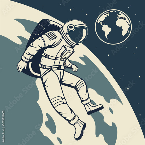 Vintage comic style astronaut surfing in space near earth vector illustration graphic design