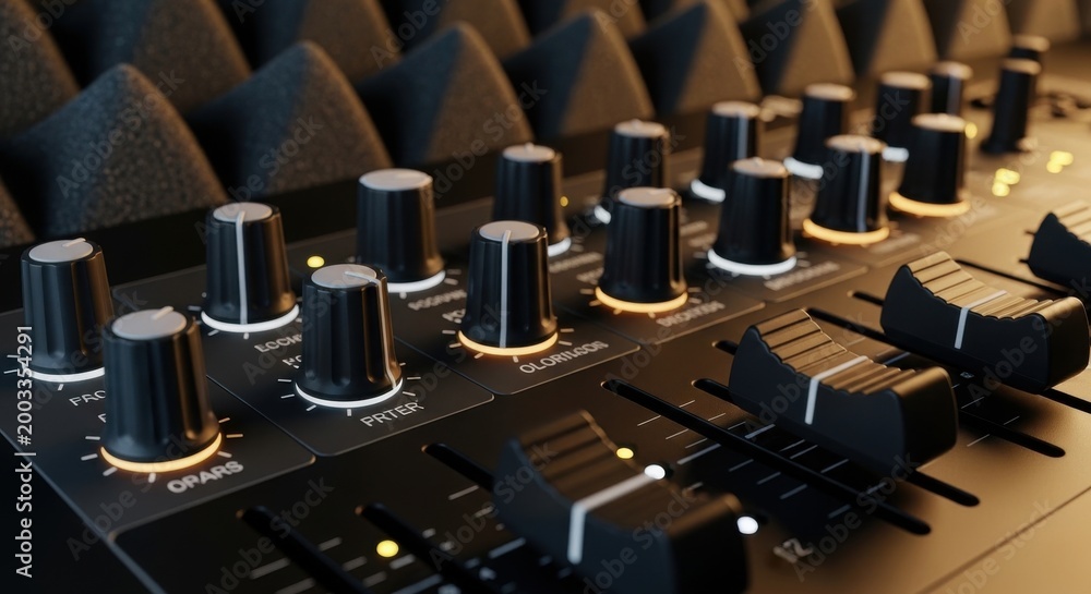 Obraz premium Detailed view of audio interface knobs and sliders, crucial for music production and mixing