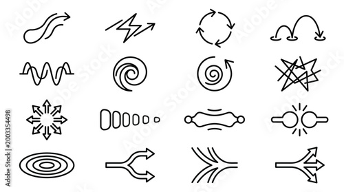 Set of minimal outline abstract motion and flow icons representing energy, direction, and dynamic movement paths