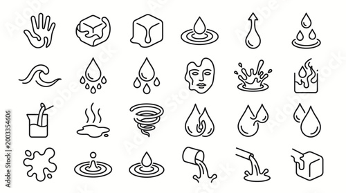 Liquid and water element icon set featuring droplets, splashes, waves, melting ice, and fluid dynamics concepts