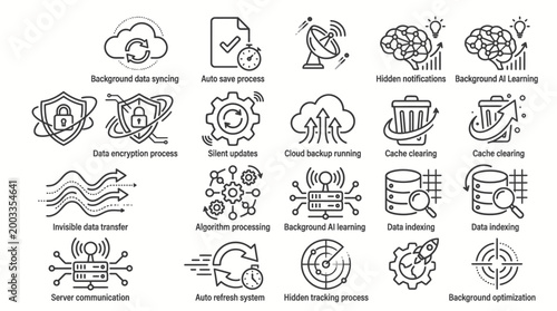 Invisible background process icon set for digital technology, data management, security, and automated systems