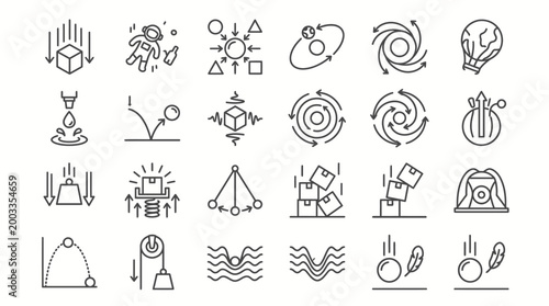 Gravity and mechanics physics concept outline icon set illustrating motion, forces, and scientific experiments
