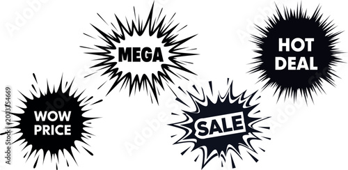 Black and white comic book style sale banners with explosive text effects