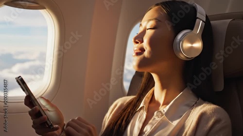 Woman listening to music on airplane.