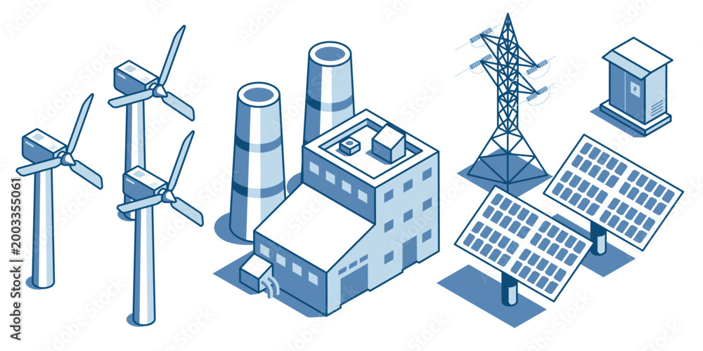 Obraz premium Isometric vector wind turbines and solar panels near a factory and power lines, in color on a white background, green or alternative energy
