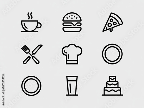 Collection of simple food and drink icons including coffee cup burger pizza and cake perfect for restaurant menus and culinary websites