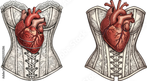 Anatomical heart corsets, lace-up bodices, red organ illustrations, fashion design elements, medical symbols