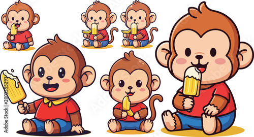 Cartoon monkey icons, monkey illustrations, summer fun, ice cream, 6 icons set