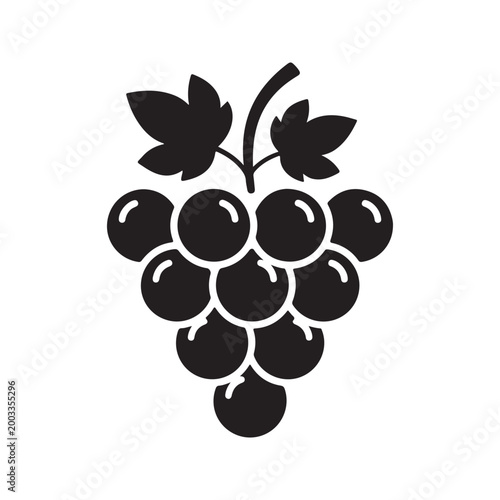 A simple black silhouette illustration of a bunch of grapes with leaf