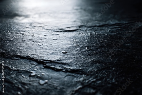 Dark wet slate texture with glistening water droplets and light reflections, creating a moody natural background.