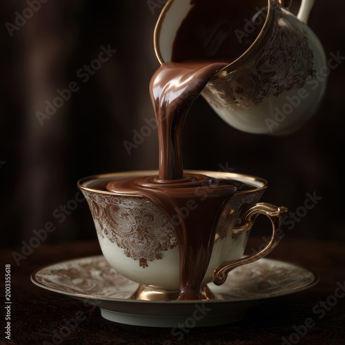 Decadent hot chocolate overflowing from a pitcher into an ornate, golden teacup on a dark background