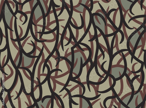 Spiny camouflage seamless pattern. Heavily stylized branches and leaves on khaki military background. Repeating tactical design for hunting, outdoor, and army use.