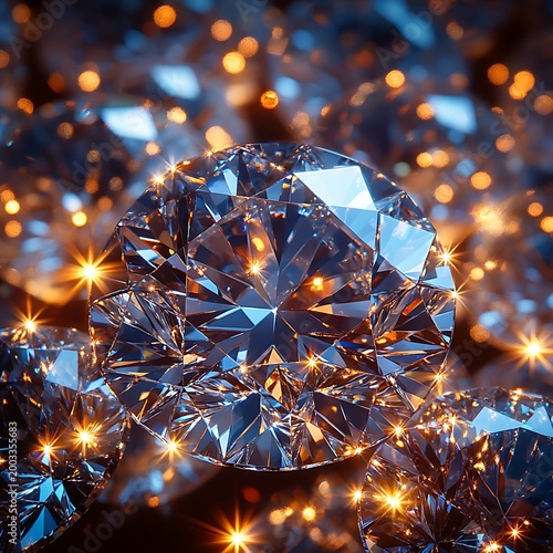 Blue gemstone with intricate reflections and golden bokeh background