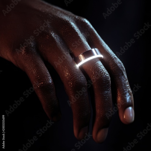 Dark-Skinned Hand Displaying a Futuristic Glowing Ring on Finger