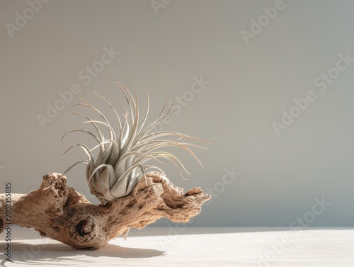 Delicate Air Plant Perched on Weathered Driftwood with Soft Light