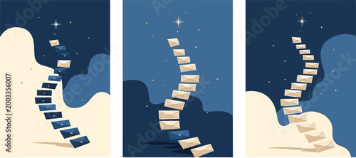 An illustration of stacked books forming a stairway leading into the night sky