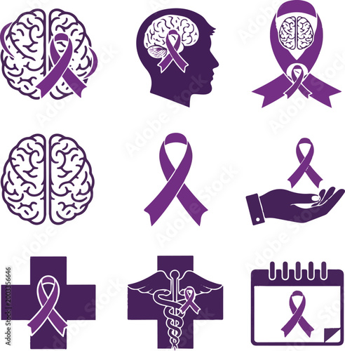 Purple Ribbon Awareness Icons Set for Alzheimer's, Epilepsy, and Mental Health