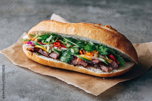 Delicious Banh Mi Sandwich with Fresh Vegetables and Meat.