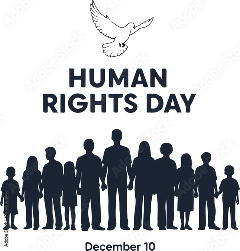 Human Rights Day Vector Illustration with People Silhouettes, Peace Dove, and December 10 Date