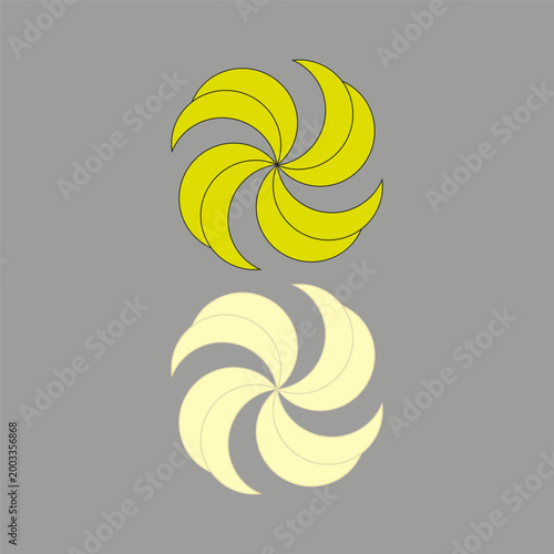Yellow abstract flower. Swirling petals Vector shape. Floral ornament mirror. Gray background illustration.