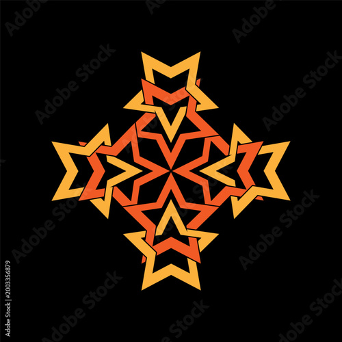 Geometric star pattern. Orange fire ornament. Symmetrical Vector kaleidoscope. Dark black background.