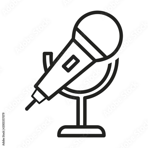 Microphone on stand black and white line icon illustration, podcast recording equipment outline symbol, music vocal performances.