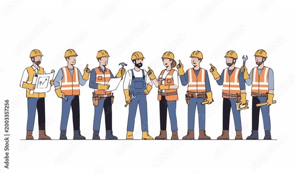 Fototapeta premium Diverse Group of Construction Workers and Engineers in Safety Vests and Hard Hats