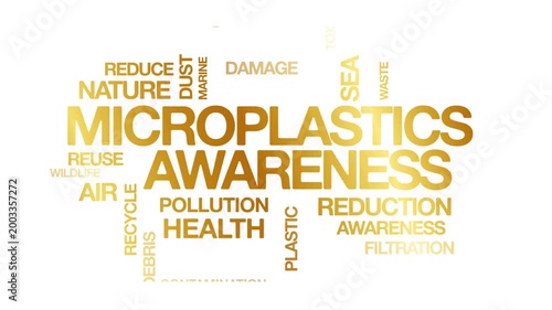 Microplastics awareness concept Animated Tag Word Cloud kinetic typography, Text Design Animation typography seamless loop video motion graphics Intro Wordart arrangement golden type on white backgrou