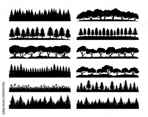 Forest Tree Silhouette Border Vector Set Collection.