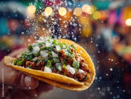 Delicious Taco Held in Hand with Falling Toppings and Bokeh Background