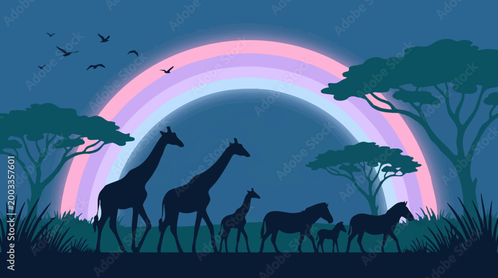 Fototapeta premium African safari animals silhouettes walking under a pastel rainbow