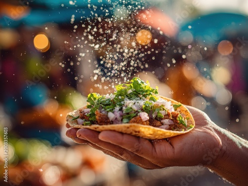 Delicious Taco with Toppings, Hand-Held, Street Food, Close-Up.
