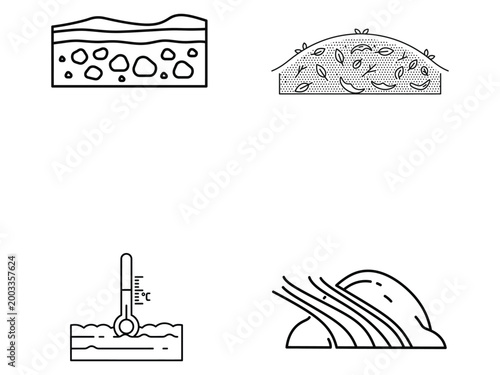 Set of soil and environmental icons featuring rocky earth, compost pile, ground temperature, and soil erosion.