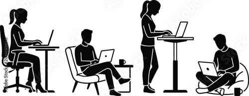People working on laptops in different postures like sitting standing and lounging black silhouette