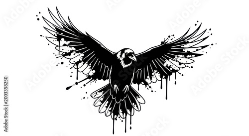 Soaring raven graphic with ink splatter