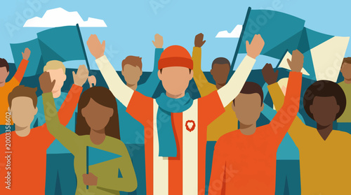 фотографія Flat illustration of a diverse crowd cheering with flags and raised arms