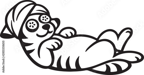 cute cat spa relaxation kitten with face mask cucumber on eyes vector illustration.