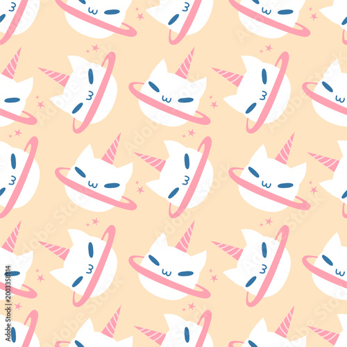 Kawaii caticorn in space seamless pattern, cute cat unicorn with saturn rings and stars, pastel nursery background, vector flat illustration for kids