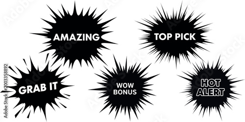 Collection of five black splatter style badges with promotional text